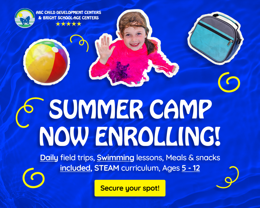 Smiling child covered in paint waving at summer camp, with a beach ball and lunch bag, promoting ABC Child Development Center and Bright School-Age Center summer camp enrollment for ages 5 to 12 in Greeley and Evans